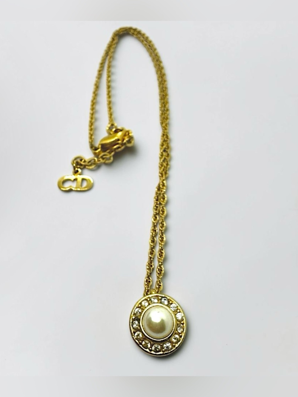 Dior Gold and Pearl Crystal Pendant Necklace